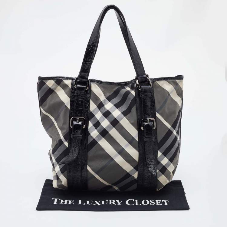 Pre Owned Burberry Black Beat Check Nylon and Patent Leather Lowry Tote