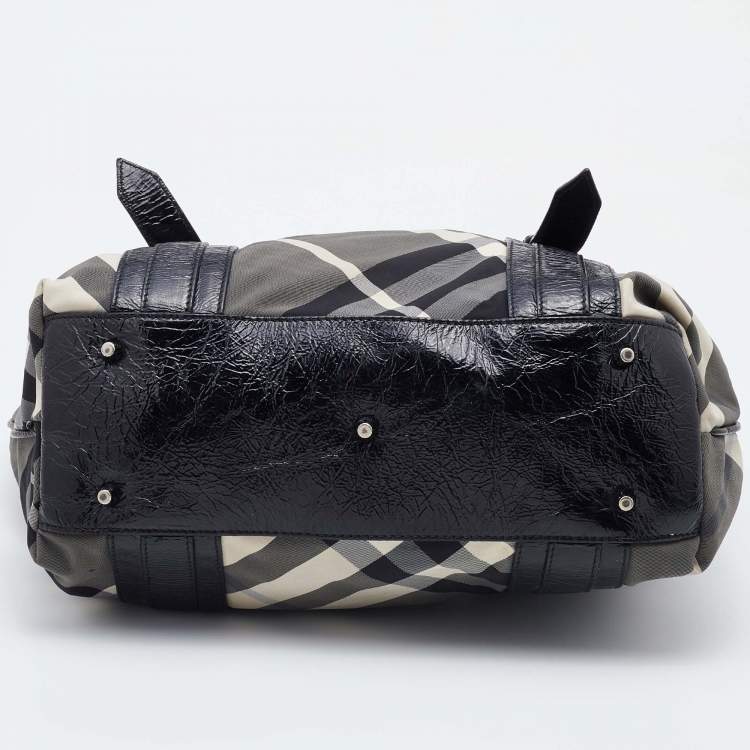 Pre Owned Burberry Black Beat Check Nylon and Patent Leather Lowry Tote