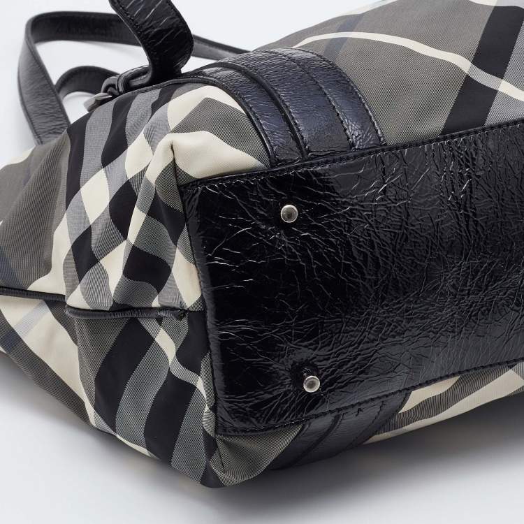 Pre Owned Burberry Black Beat Check Nylon and Patent Leather Lowry Tote