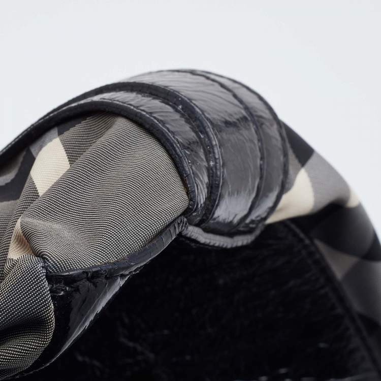 Pre Owned Burberry Black Beat Check Nylon and Patent Leather Lowry Tote