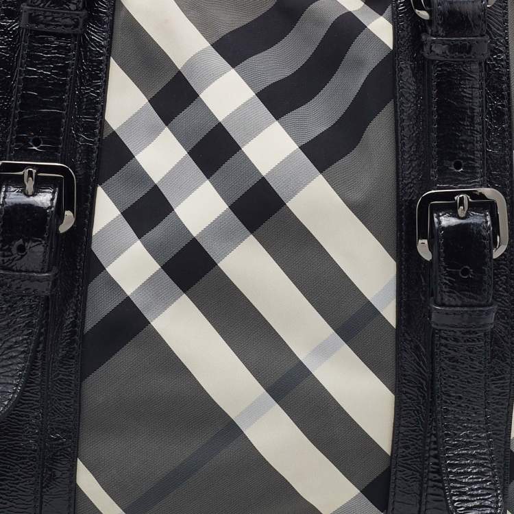 Pre Owned Burberry Black Beat Check Nylon and Patent Leather Lowry Tote