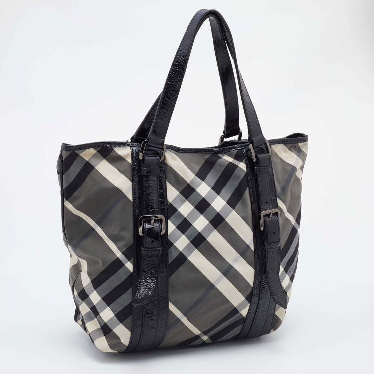 Pre Owned Burberry Black Beat Check Nylon and Patent Leather Lowry Tote