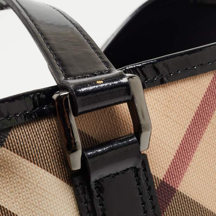 Pre Owned Burberry Black/Beige Super Nova Check PVC and Patent Leather Large Nickie Tote