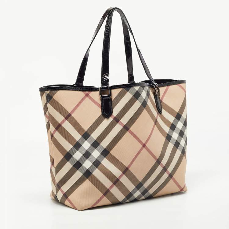 Pre Owned Burberry Black/Beige Super Nova Check PVC and Patent Leather Large Nickie Tote