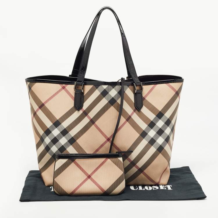 Pre Owned Burberry Black/Beige Super Nova Check PVC and Patent Leather Large Nickie Tote