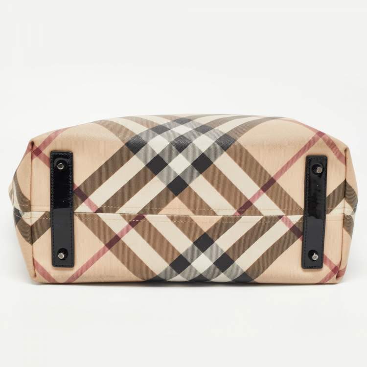 Pre Owned Burberry Black/Beige Super Nova Check PVC and Patent Leather Large Nickie Tote