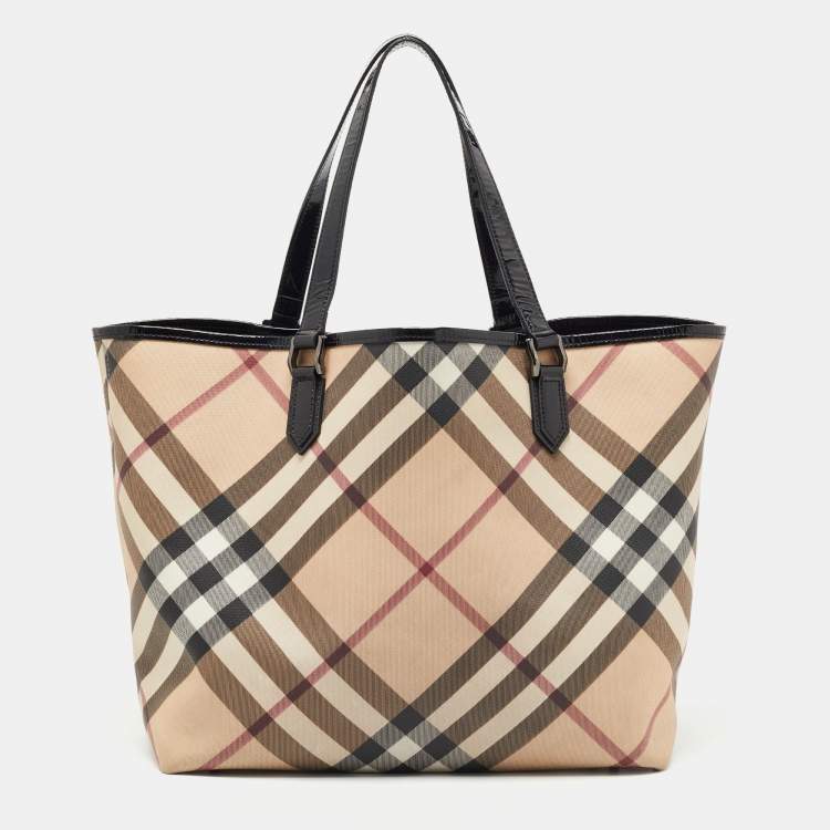 Pre Owned Burberry Black/Beige Super Nova Check PVC and Patent Leather Large Nickie Tote