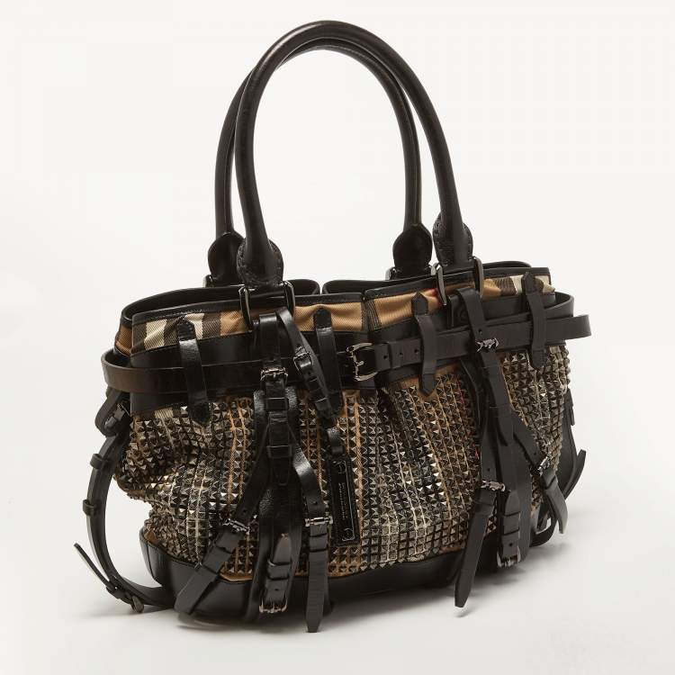 Pre Owned Burberry Black House Check Fabric and Leather Large Rowan Studded Tote