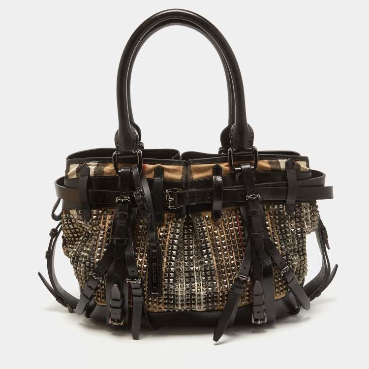 Pre Owned Burberry Black House Check Fabric and Leather Large Rowan Studded Tote