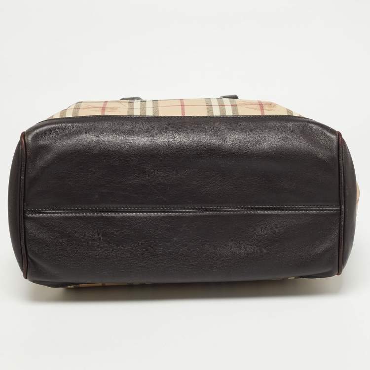 Pre Owned Burberry Beige/Dark Brown Haymarket Check Coated Canvas And Leather Multi Chain Tote