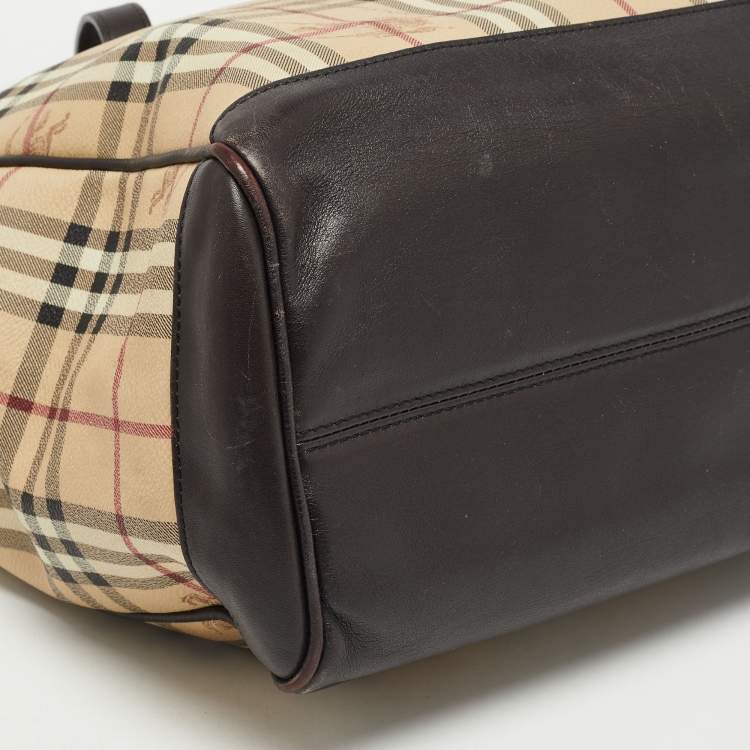 Pre Owned Burberry Beige/Dark Brown Haymarket Check Coated Canvas And Leather Multi Chain Tote