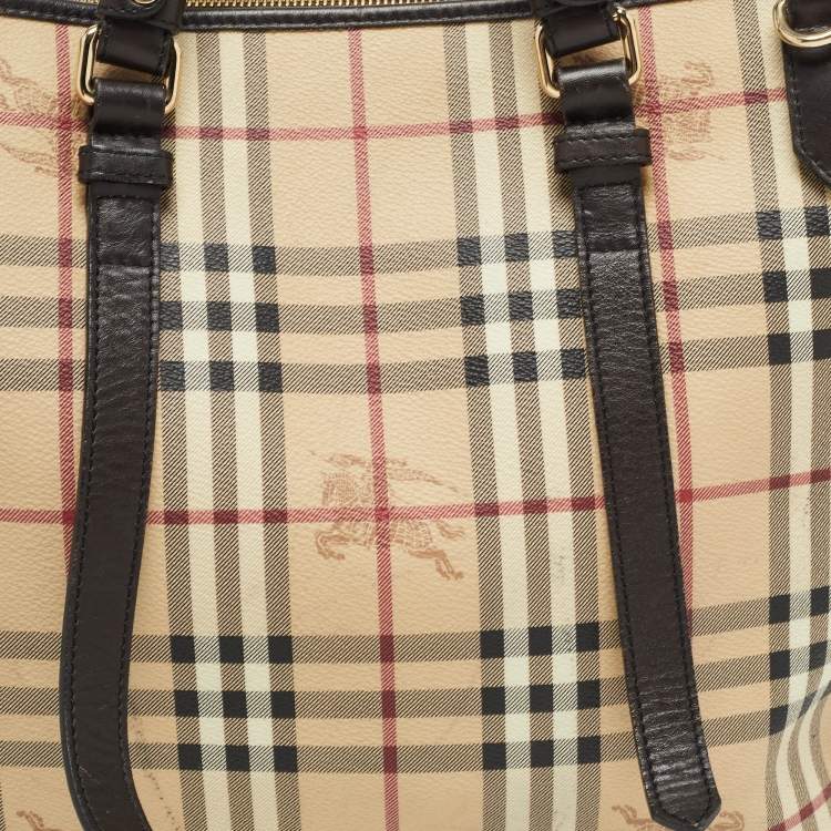 Pre Owned Burberry Beige/Dark Brown Haymarket Check Coated Canvas And Leather Multi Chain Tote