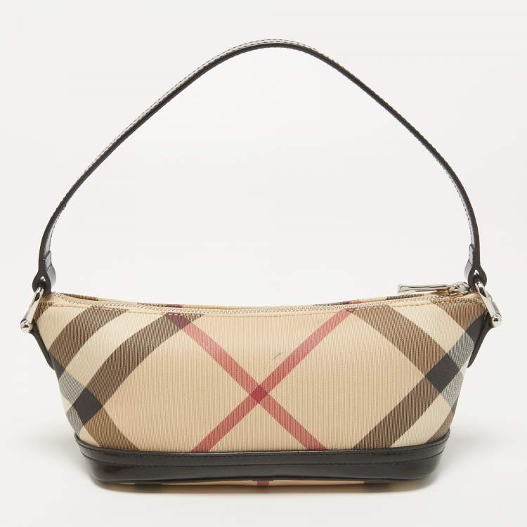 Pre Owned Burberry Black/Beige Nova Check PVC and Glossy Leather Pochette Bag