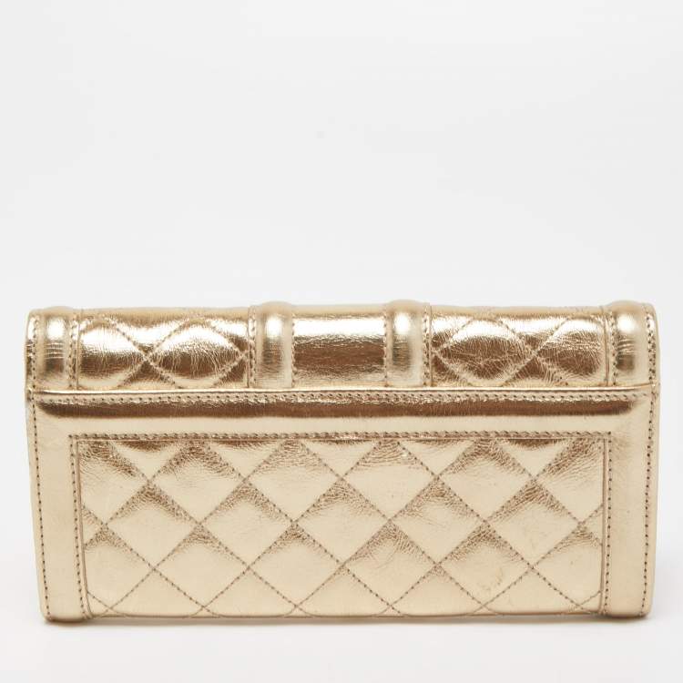 Pre Owned Burberry Gold Quilted Leather Flap Continental Wallet