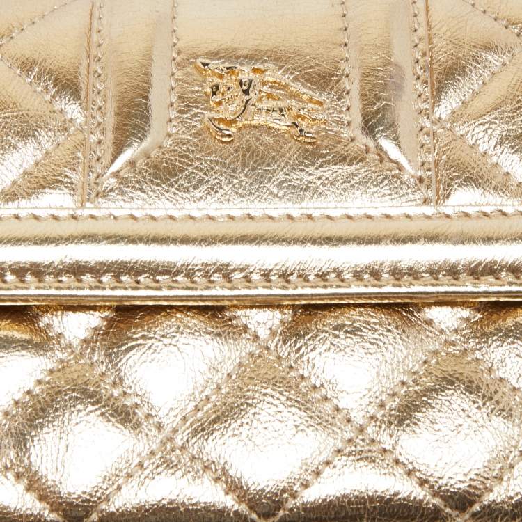 Pre Owned Burberry Gold Quilted Leather Flap Continental Wallet