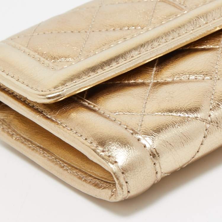 Pre Owned Burberry Gold Quilted Leather Flap Continental Wallet