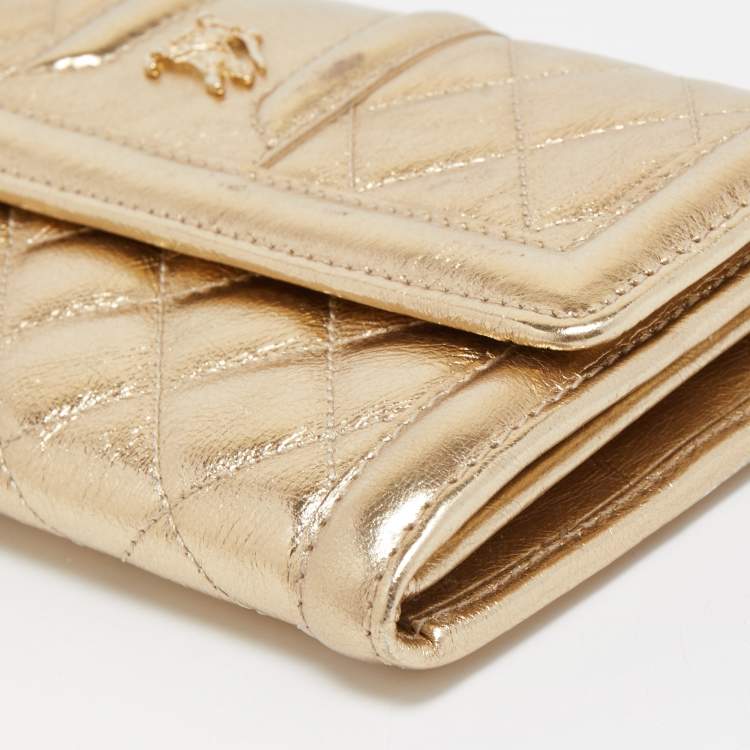 Pre Owned Burberry Gold Quilted Leather Flap Continental Wallet