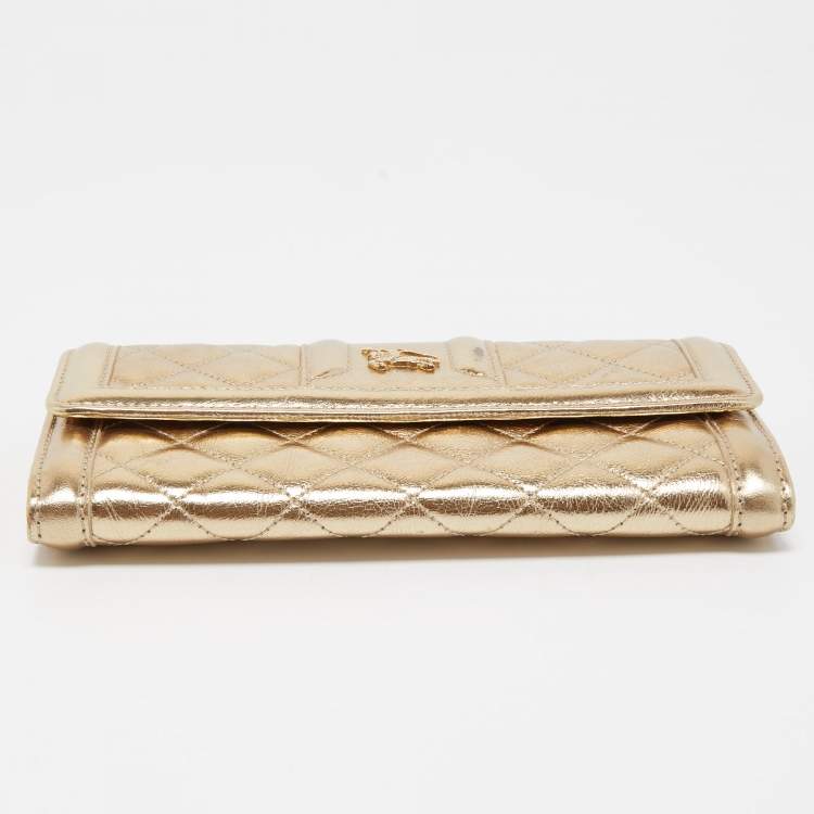 Pre Owned Burberry Gold Quilted Leather Flap Continental Wallet