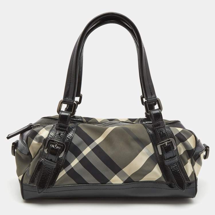 Pre Owned Burberry Black Beat Check Nylon and Patent Leather Buckle Satchel