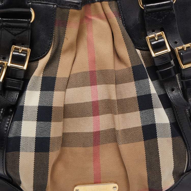 Pre Owned Burberry Black/Beige House Check Canvas and Leather Bridle Tote