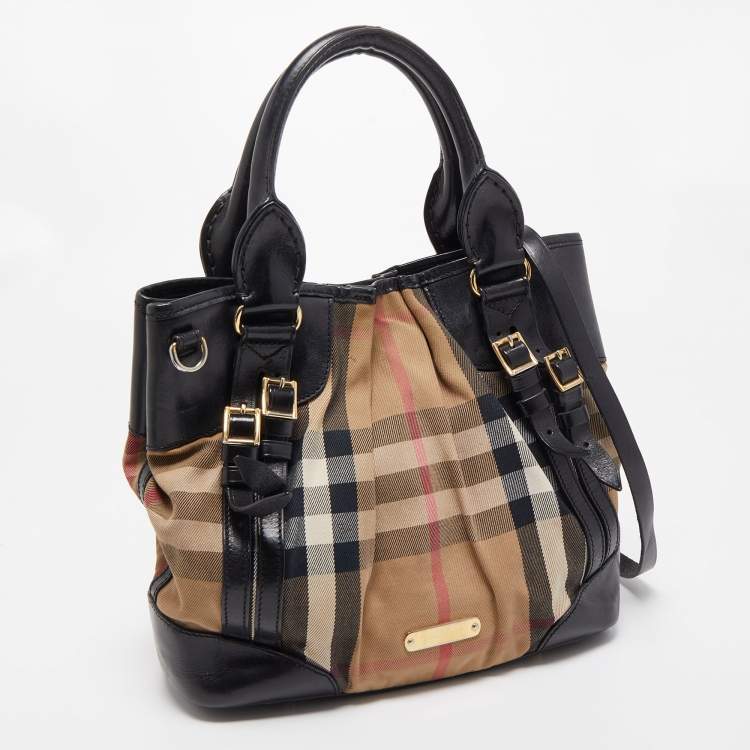 Pre Owned Burberry Black/Beige House Check Canvas and Leather Bridle Tote