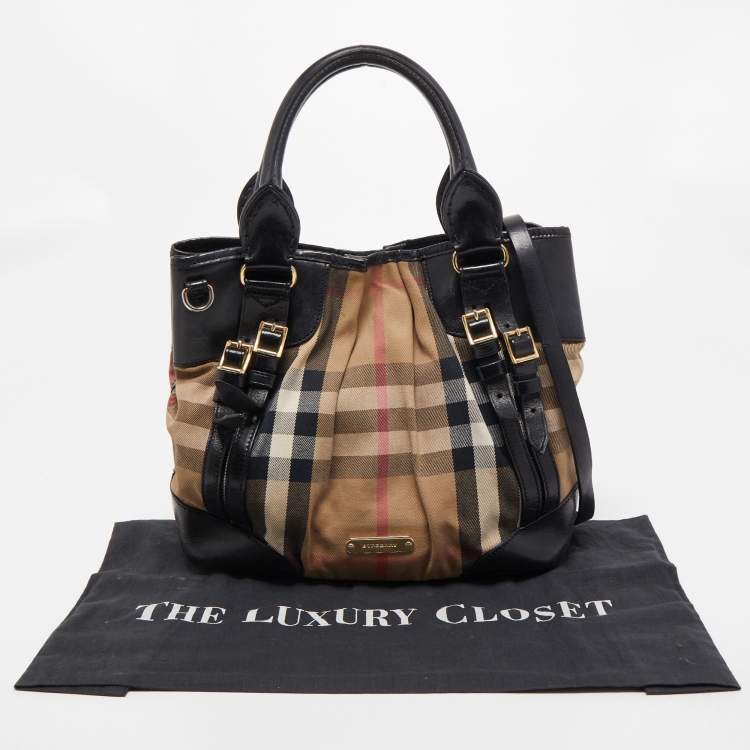 Pre Owned Burberry Black/Beige House Check Canvas and Leather Bridle Tote