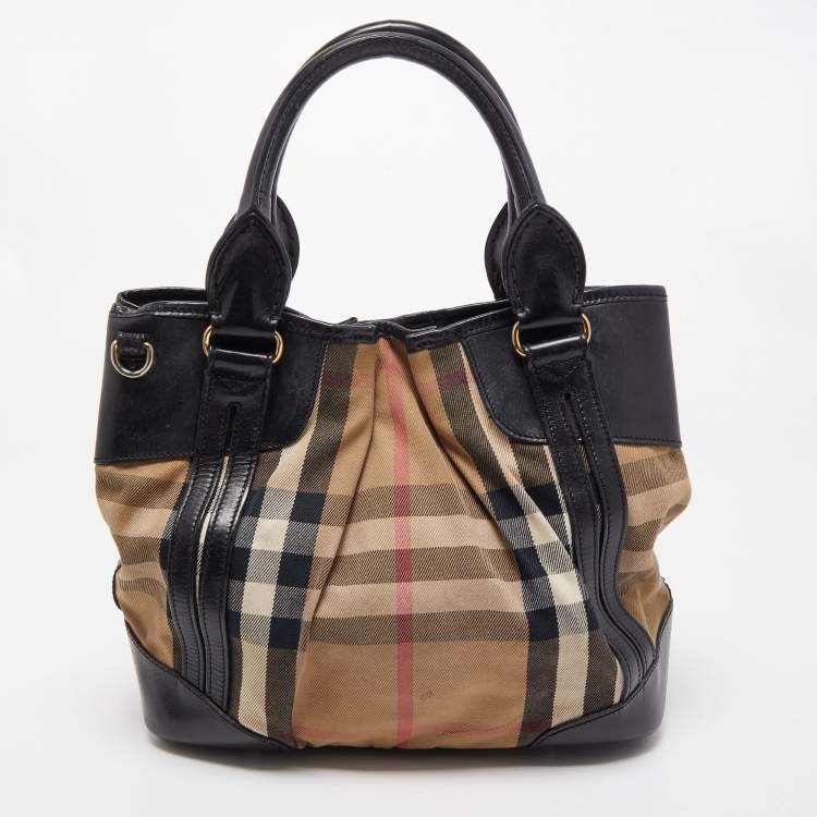 Pre Owned Burberry Black/Beige House Check Canvas and Leather Bridle Tote