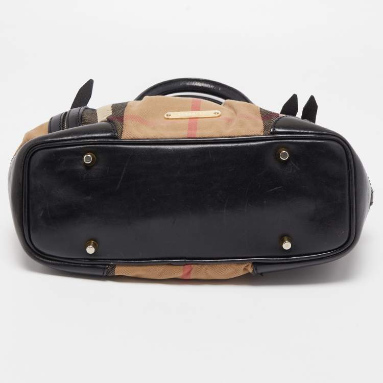 Pre Owned Burberry Black/Beige House Check Canvas and Leather Bridle Tote
