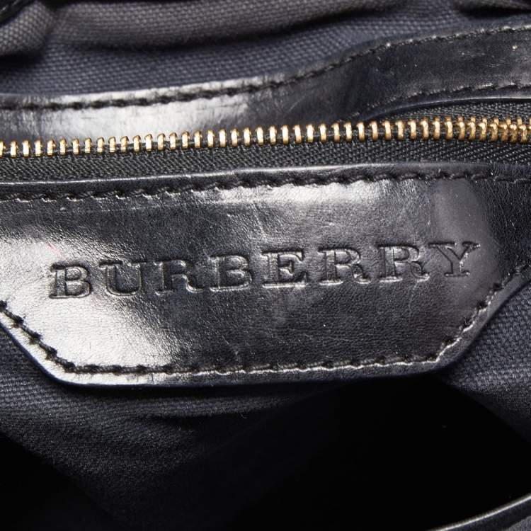 Pre Owned Burberry Black/Beige House Check Canvas and Leather Bridle Tote