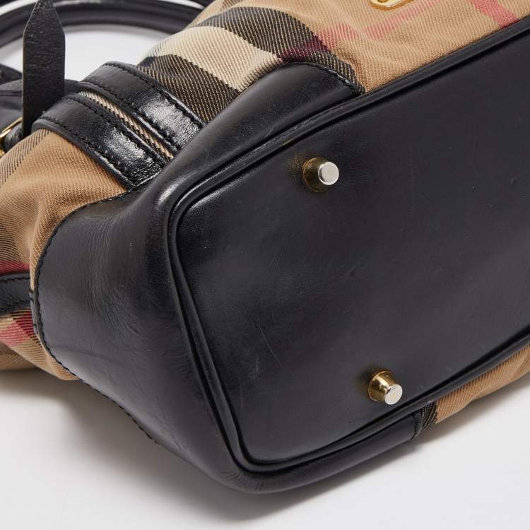 Pre Owned Burberry Black/Beige House Check Canvas and Leather Bridle Tote