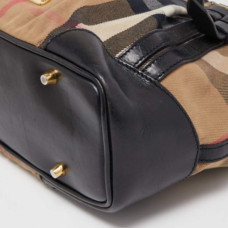 Pre Owned Burberry Black/Beige House Check Canvas and Leather Bridle Tote