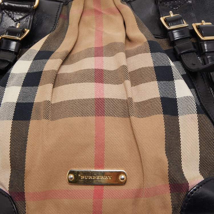 Pre Owned Burberry Black/Beige House Check Canvas and Leather Bridle Tote
