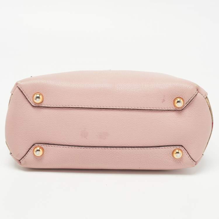 Pre Owned Burberry Pink/Beige Leather and House Check Fabric Small Banner Tote