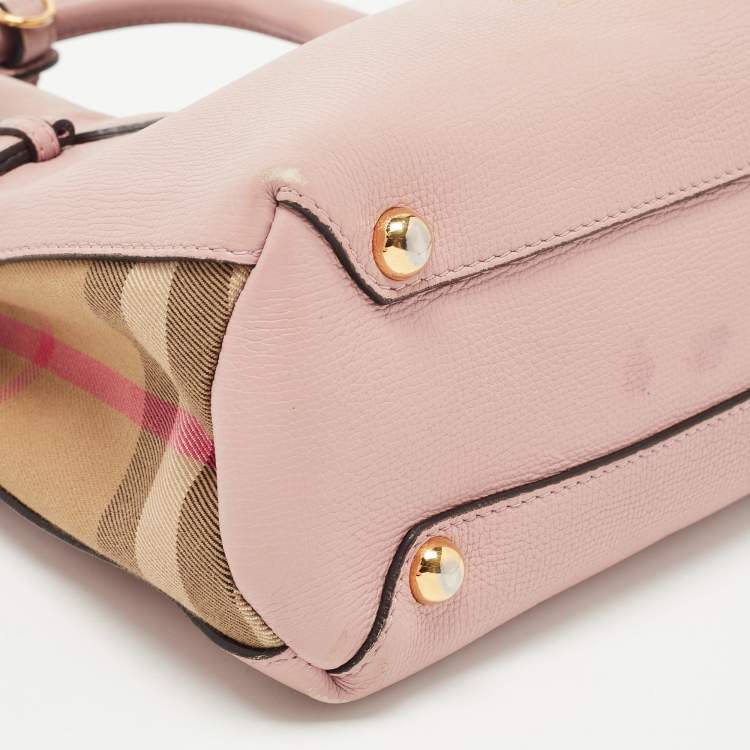 Pre Owned Burberry Pink/Beige Leather and House Check Fabric Small Banner Tote
