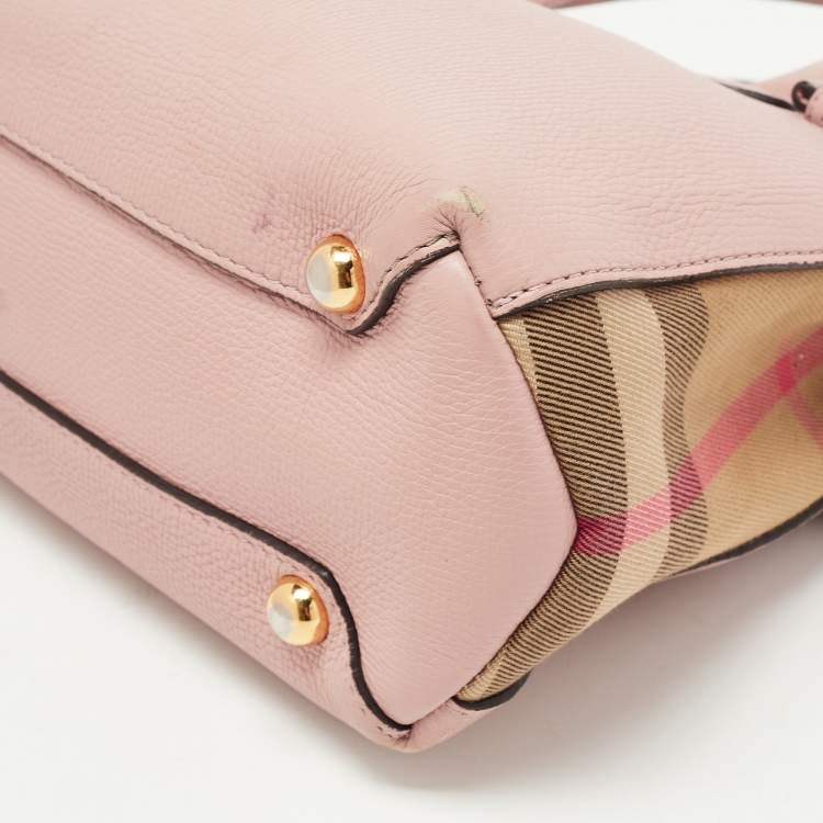 Pre Owned Burberry Pink/Beige Leather and House Check Fabric Small Banner Tote