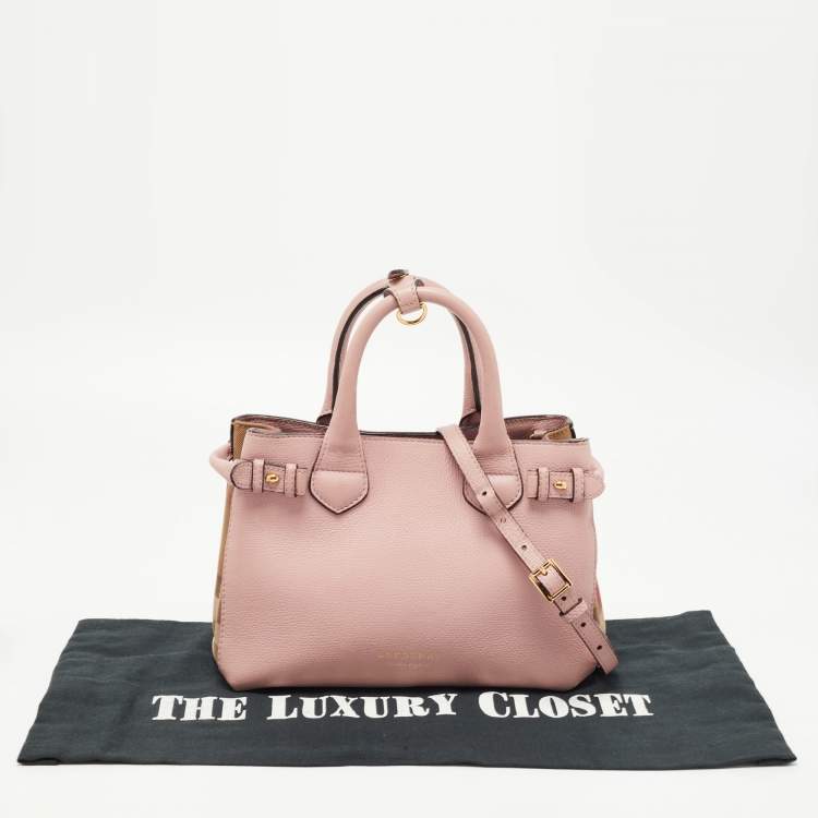 Pre Owned Burberry Pink/Beige Leather and House Check Fabric Small Banner Tote