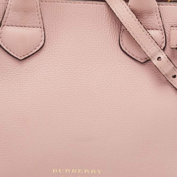 Pre Owned Burberry Pink/Beige Leather and House Check Fabric Small Banner Tote