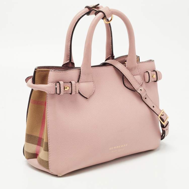 Pre Owned Burberry Pink/Beige Leather and House Check Fabric Small Banner Tote