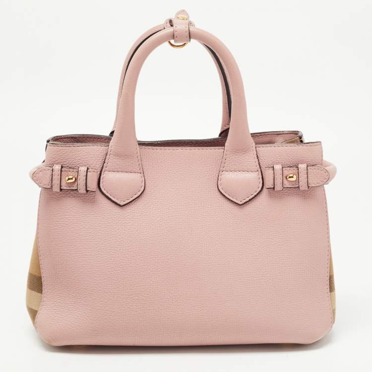 Pre Owned Burberry Pink/Beige Leather and House Check Fabric Small Banner Tote
