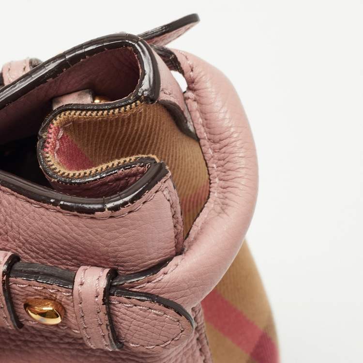 Pre Owned Burberry Pink/Beige Leather and House Check Fabric Small Banner Tote