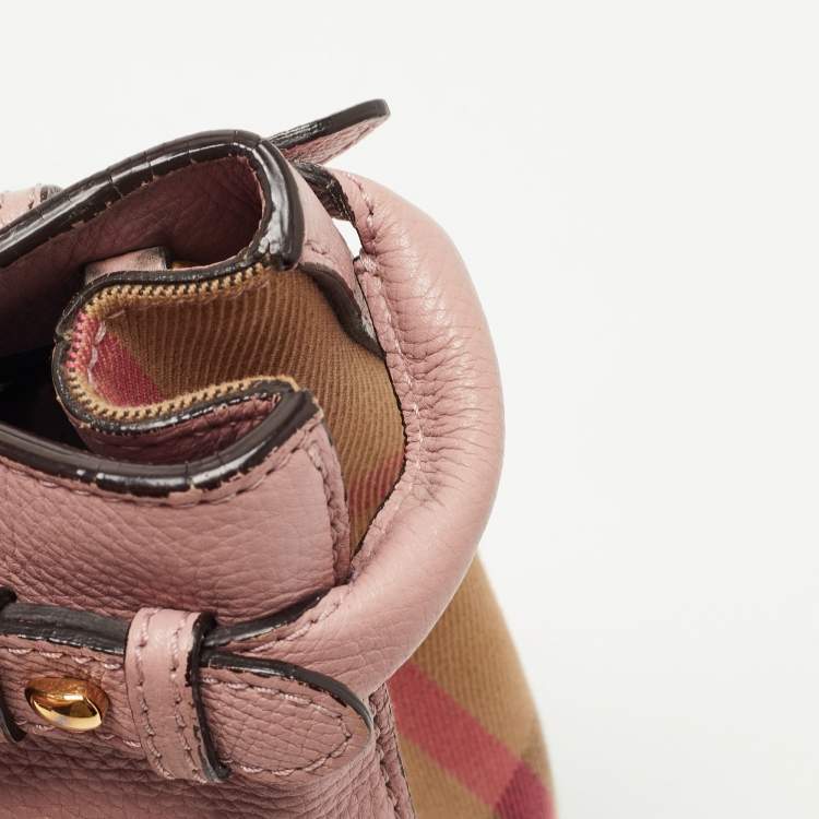 Pre Owned Burberry Pink/Beige Leather and House Check Fabric Small Banner Tote