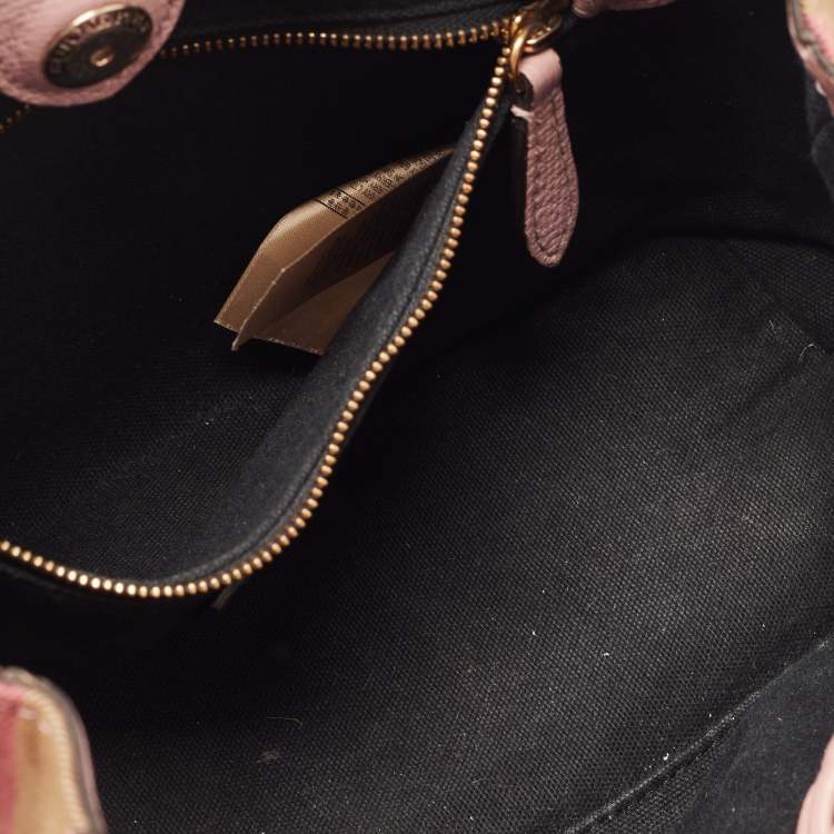 Pre Owned Burberry Pink/Beige Leather and House Check Fabric Small Banner Tote