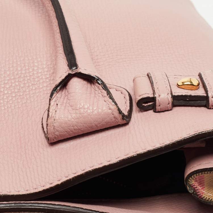 Pre Owned Burberry Pink/Beige Leather and House Check Fabric Small Banner Tote