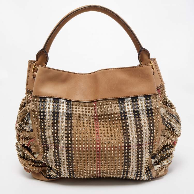 Pre Owned Burberry Beige House Check Canvas and Leather Pleated Studded Hobo