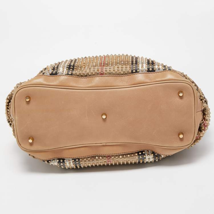 Pre Owned Burberry Beige House Check Canvas and Leather Pleated Studded Hobo