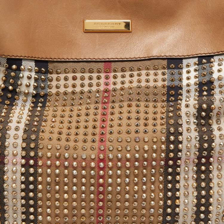 Pre Owned Burberry Beige House Check Canvas and Leather Pleated Studded Hobo