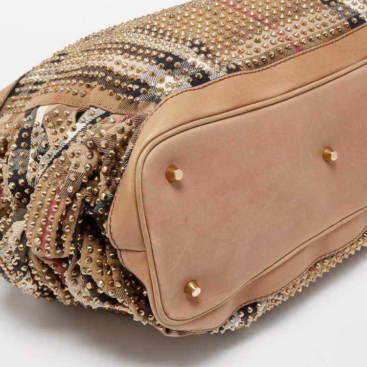 Pre Owned Burberry Beige House Check Canvas and Leather Pleated Studded Hobo