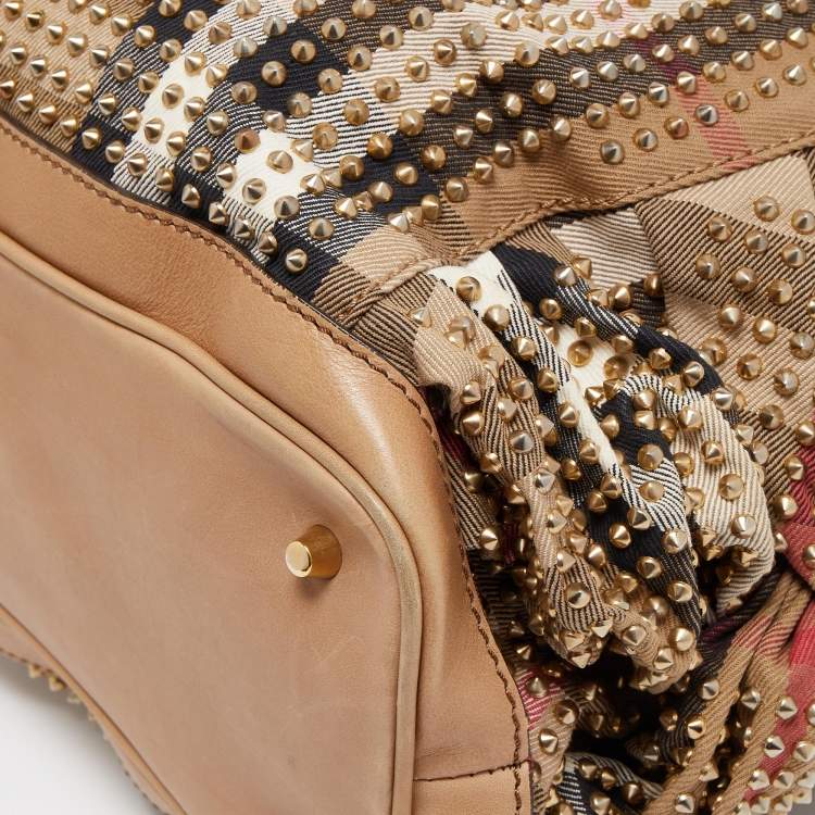 Pre Owned Burberry Beige House Check Canvas and Leather Pleated Studded Hobo