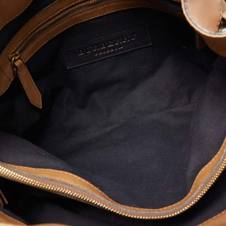 Pre Owned Burberry Beige House Check Canvas and Leather Pleated Studded Hobo