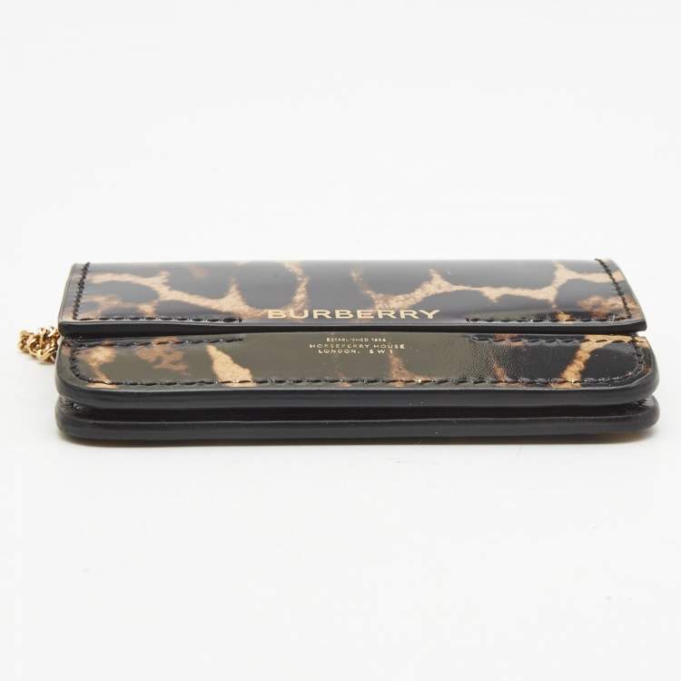 Pre Owned Burberry Black/Brown Leopard Print Leather Jody Chain Card Case